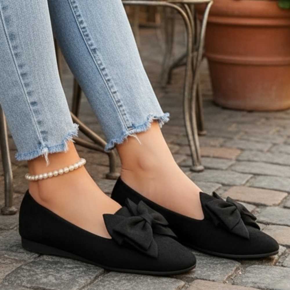 Large Bow Point Toe Slip-On Loafer Vegan Suede Shoes Lightweight Ballet Flats